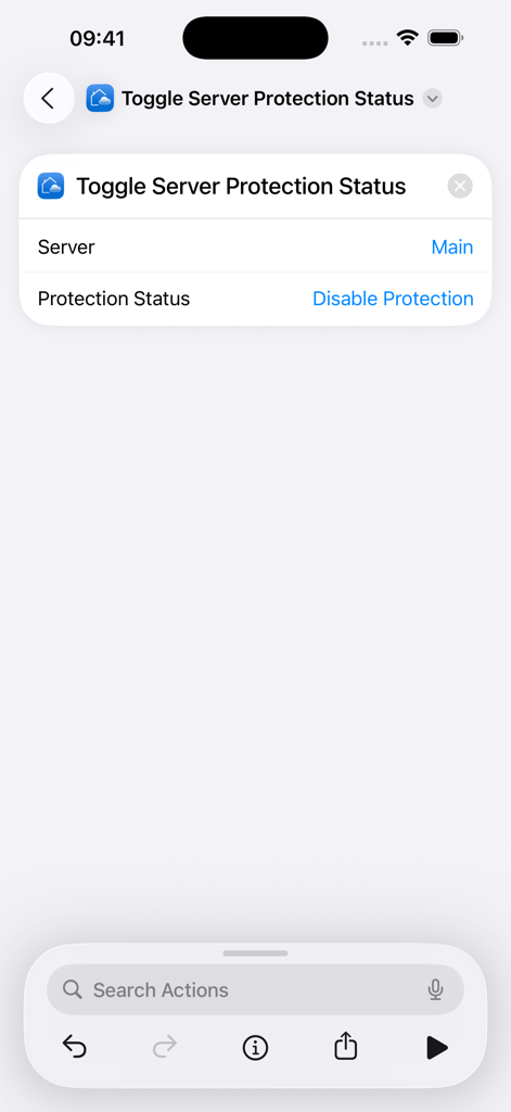 Siri Shortcut configuration screen for toggling AdGuard DNS server protection status
