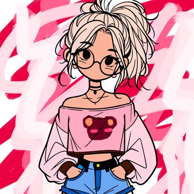 girl with a messy ponytail glasses a baggy crop top and jean shorts