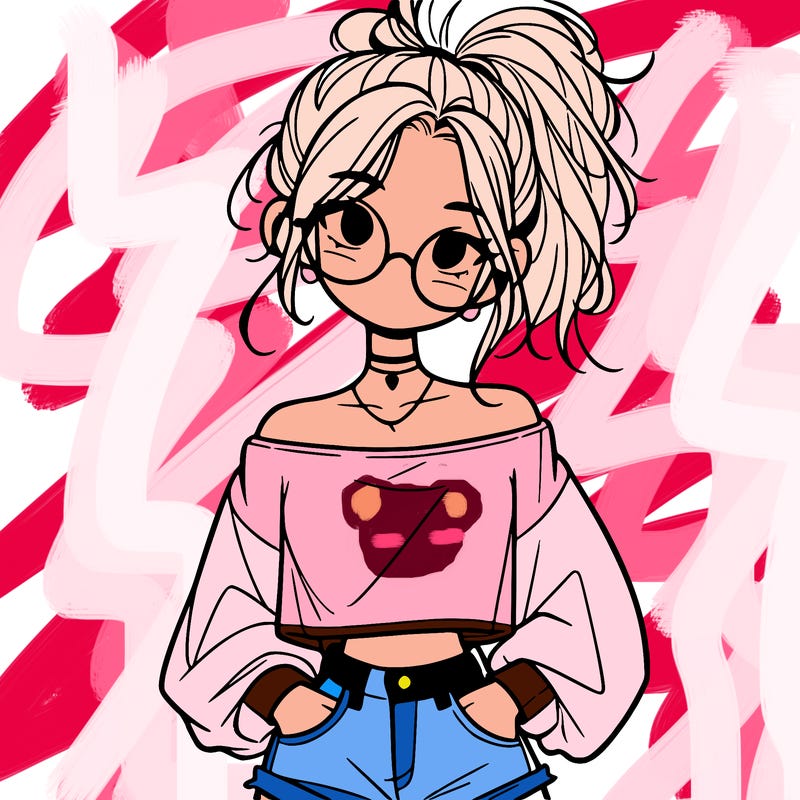 girl with a messy ponytail glasses a baggy crop top and jean shorts