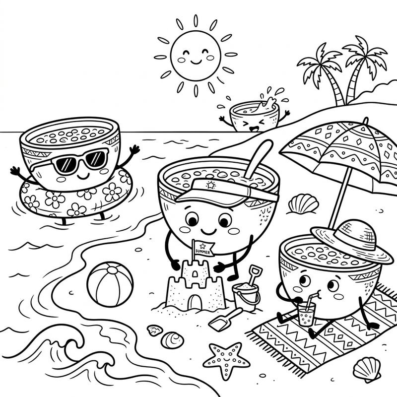 Join our adorable lentil soup characters for a fun-filled summer beach vacation! This charming coloring page is perfect for kids to bring vibrant colors to a sunny seaside adventure.