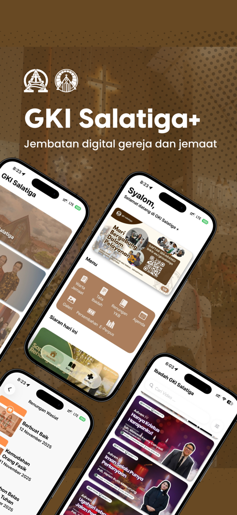 Screenshots of the GKI Salatiga Plus mobile app showing church schedules and community announcements