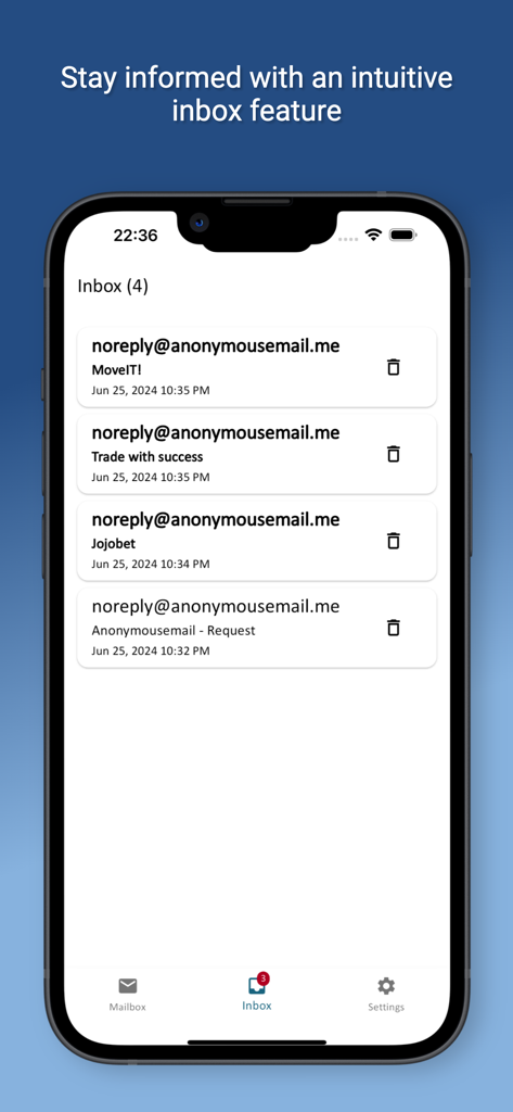 Interface of the Temp Mail app showing received messages in a temporary inbox on an iPhone.