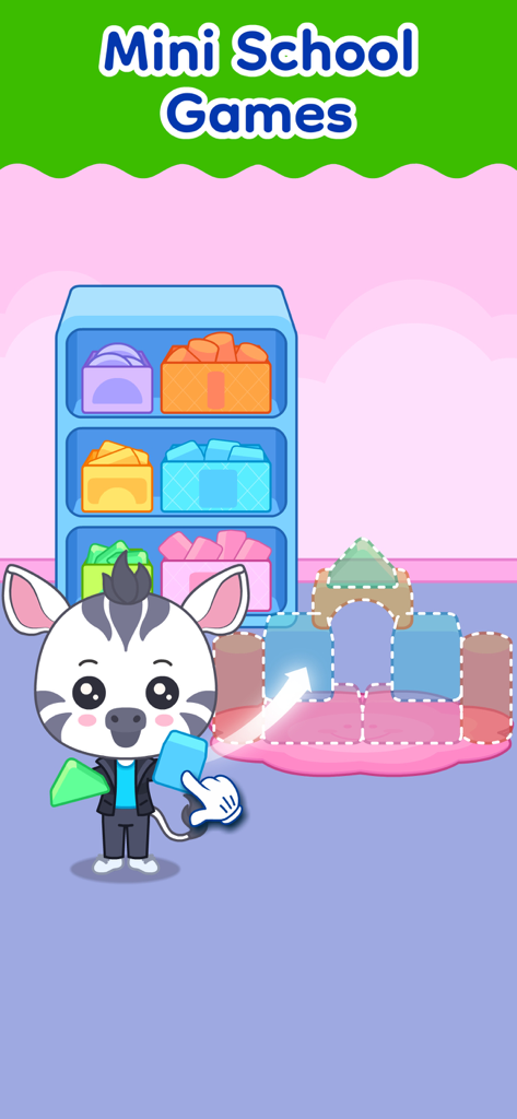Un personaggio zebra dei cartoni animati che insegna a ordinare e costruire forme in un gioco educativo per bambini intitolato Mini School Games.