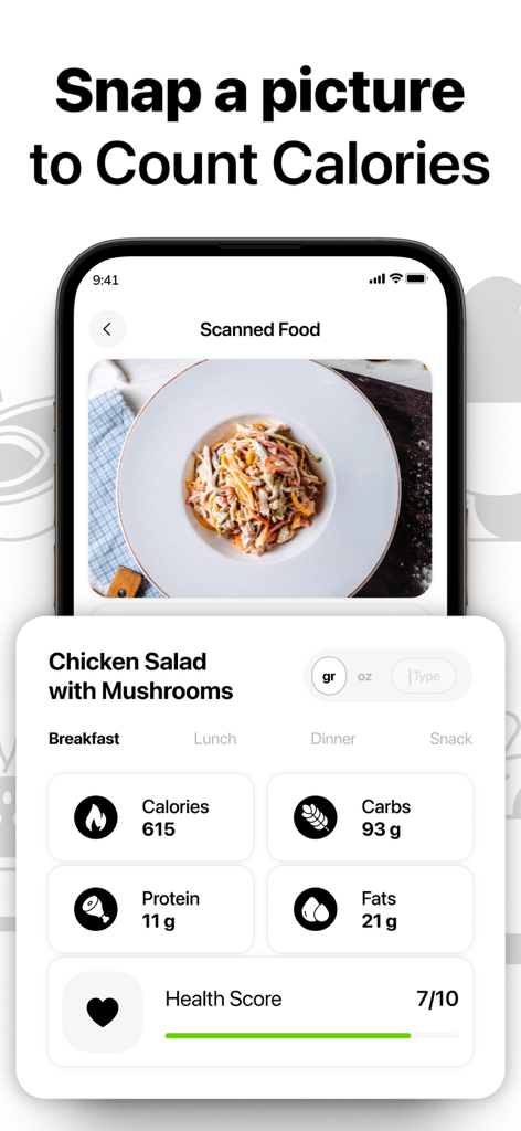 Diet AI - Calorie Counter - Diet AI app interface showing food photo scanning for automatic calorie and macro tracking of a chicken salad