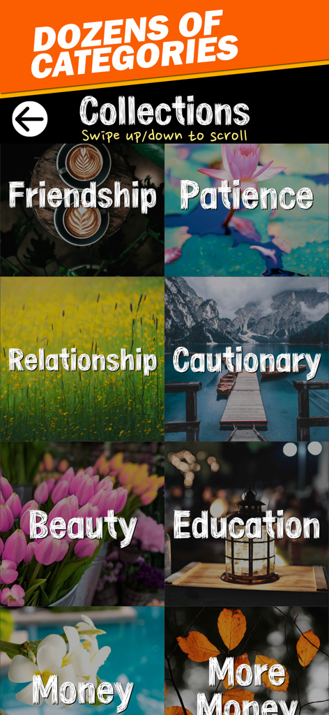 Proverbs and Phrases app collections screen displaying categories like Friendship and Patience over scenic backgrounds
