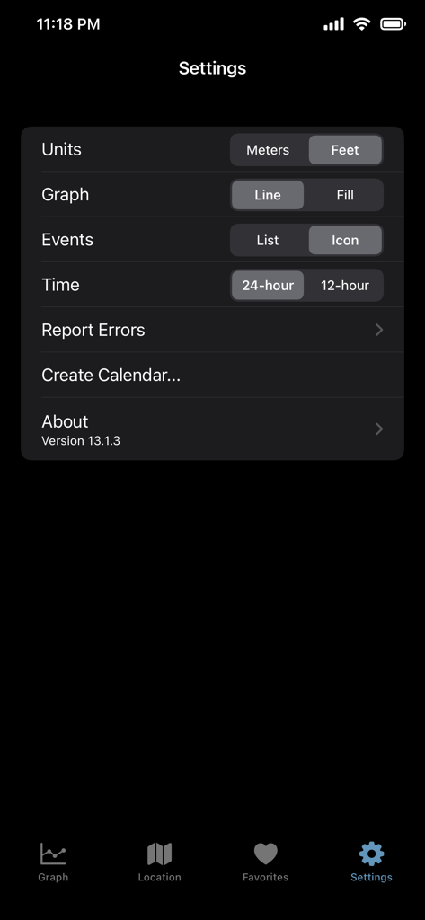 World Tides 2026 settings screen showing options for units graph style events display and time format