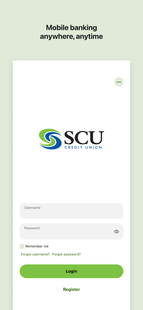 SCU Credit Union Online mobile app login page with username and password fields
