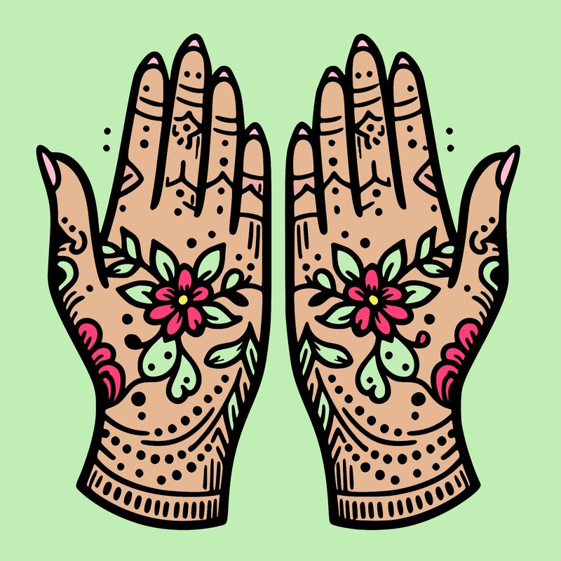 hands with henna design that can be colored in
