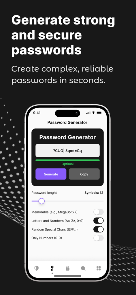 Interface de l'application mobile InvisiCheck pour générer des mots de passe forts et sécurisés.
