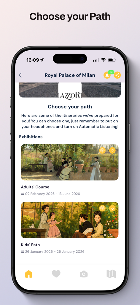 Artup - ArtUP mobile app screen showing themed museum tour paths for adults and kids at the Royal Palace of Milan