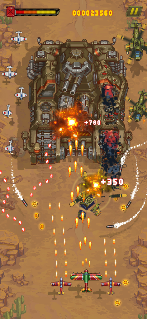 Arcade style gameplay showing historical airplanes attacking a giant tank boss in the 1945 Air Force mobile game