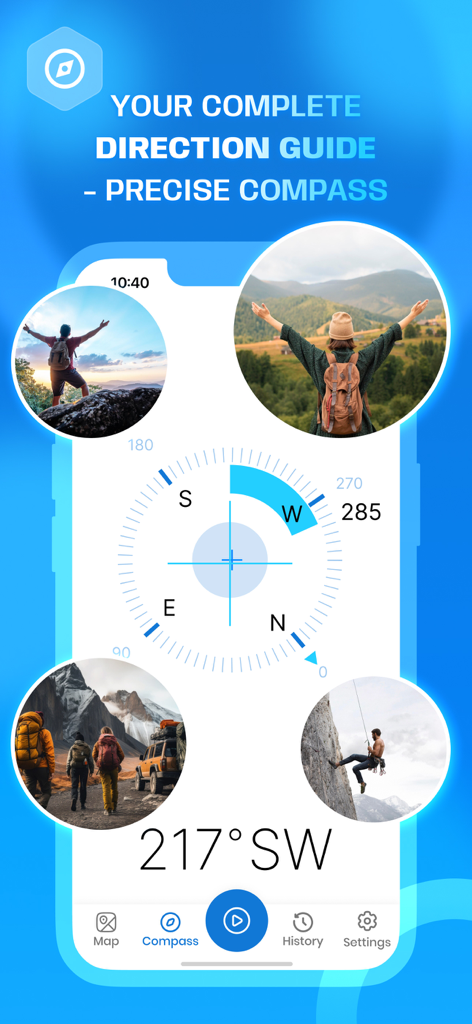 Altimeter Ultra: GPS & Compass - Digital compass interface of Altimeter Ultra app surrounded by images of hikers and mountain climbers.