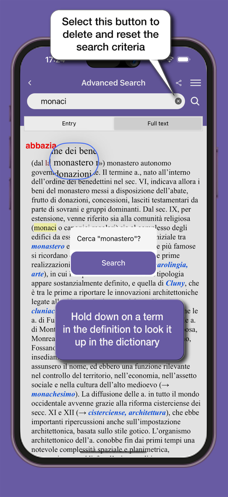 Advanced search screen and word lookup functionality in the le Garzantine Medioevo app