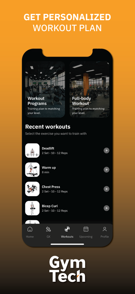 GymTech - GymTech mobile app interface showing personalized workout programs and exercise tracking