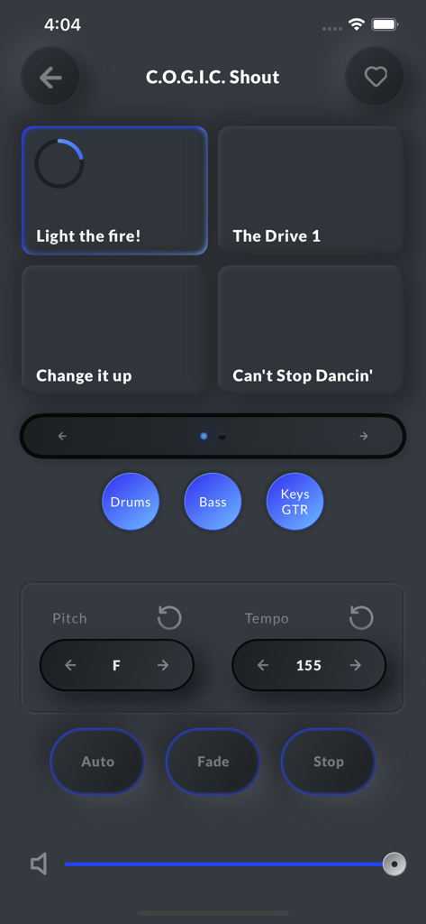 Whoop Triggerz Plus app interface showing COGIC Shout music collection with pitch and tempo controls