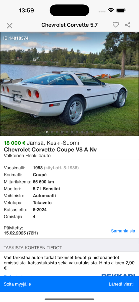 흰색 쉐보레 콜벳에 대한 Nettiauto 앱 자동차 목록