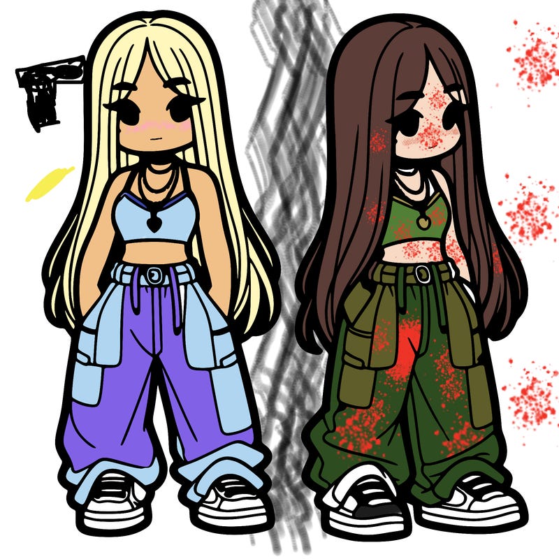 girl in baggy pants crop top and long hair