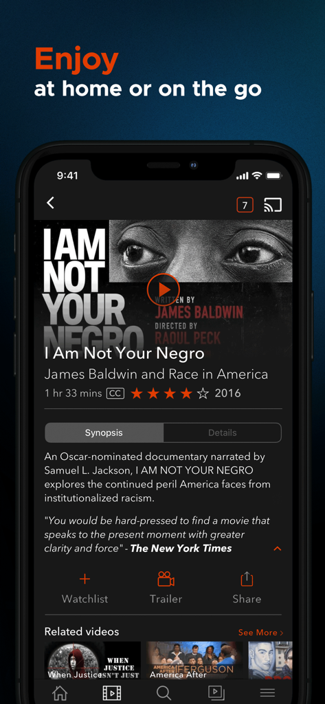Kanopy - A smartphone displaying the movie details and synopsis for the documentary I Am Not Your Negro on the Kanopy app