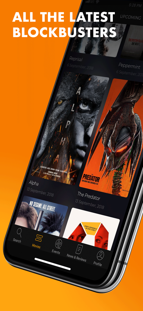 Popcorn: Movie showtimes - Popcorn app interface showing latest blockbuster movie posters and showtimes.
