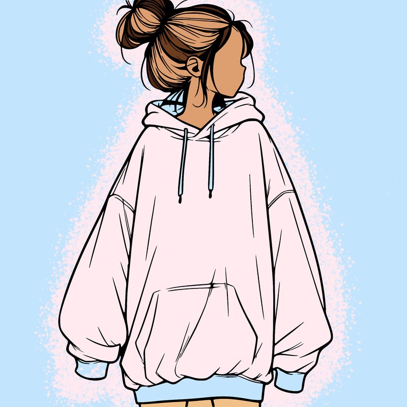 realistic girl with a oversized sweatshirt on and a bun