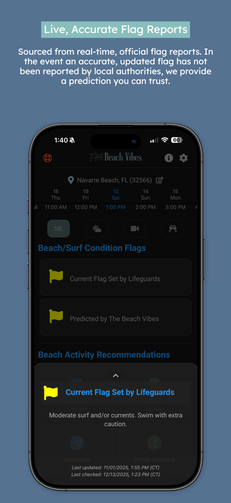 The Beach Vibes - Mobile app screen showing real-time beach flag status and safety reports for Navarre Beach