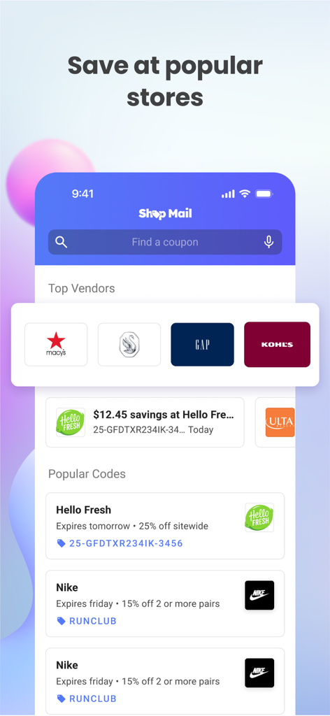 Shop Mail app screen showing coupons for Nike Hello Fresh and popular stores.