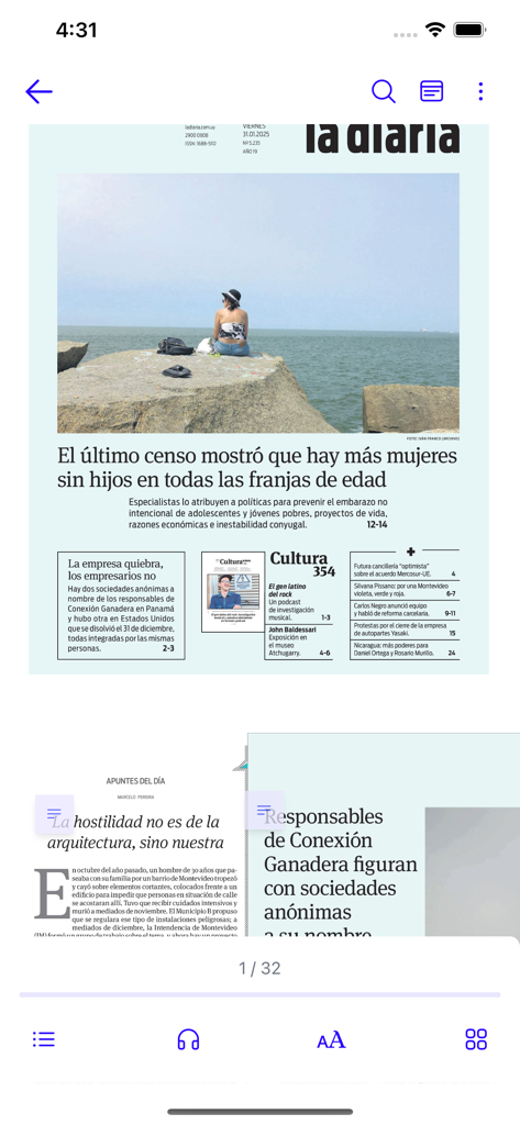 la diaria | Edición Papel - Interface do aplicativo móvel exibindo a edição em papel digital do jornal la diaria com manchetes e artigos de notícias