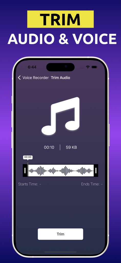 Voice Recorder app interface showing the trim audio feature with a waveform display