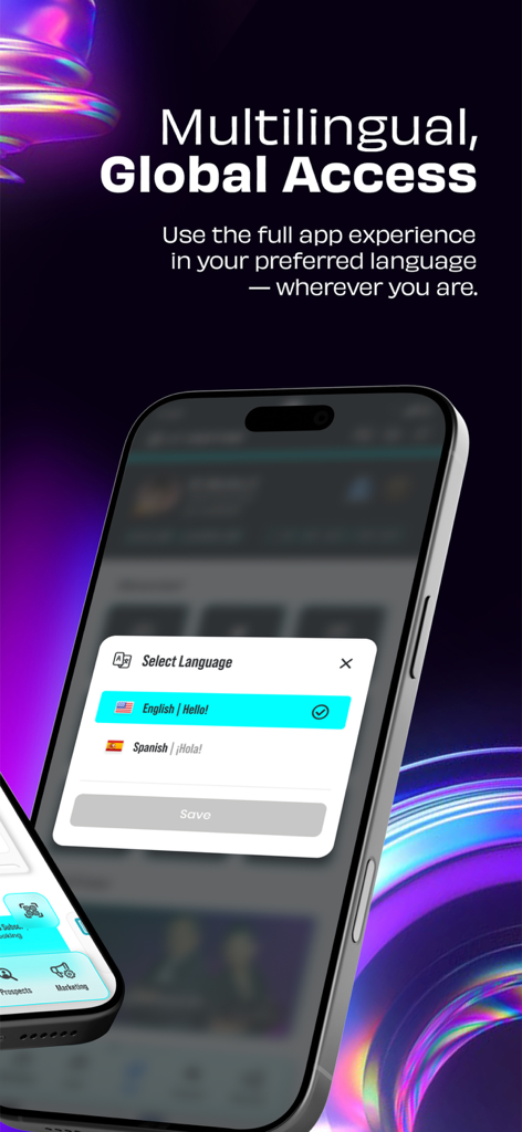 ByDzyne - ByDzyne app interface showing a select language popup for global accessibility.