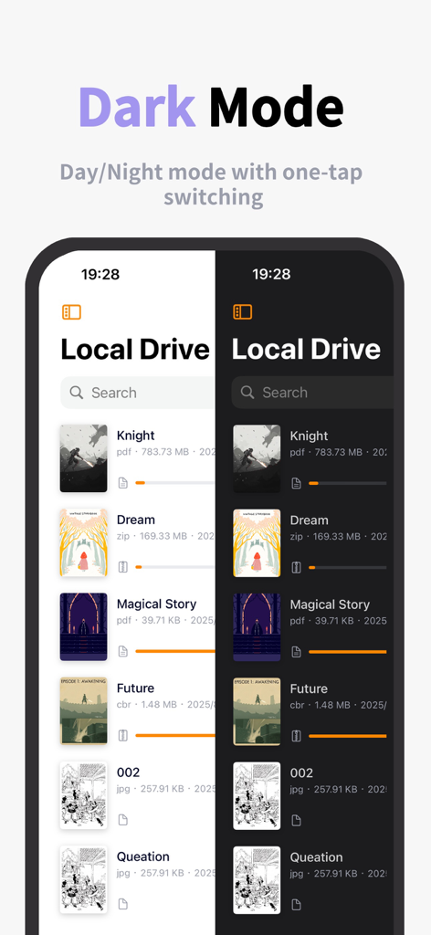 Comic Reader - NoxWing - 라이트 모드와 다크 모드의 Comic Reader NoxWing 앱 분할 보기