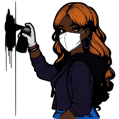 realistic girl with mask spray painting a wall