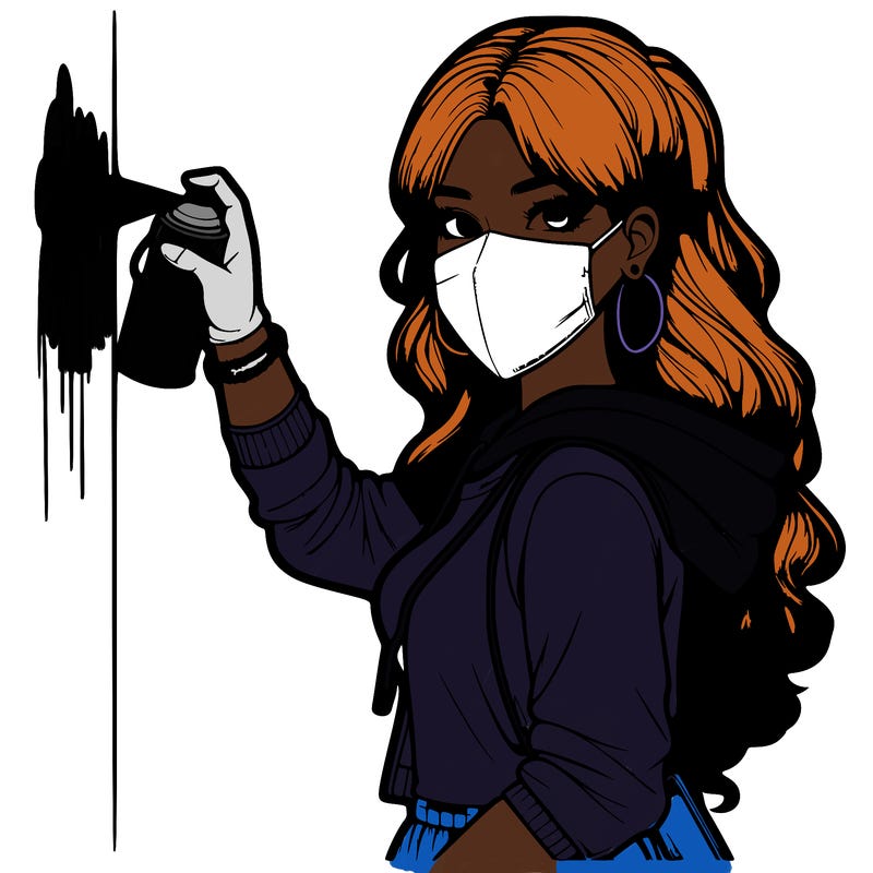 realistic girl with mask spray painting a wall