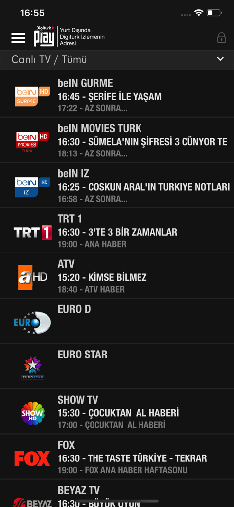 List of live Turkish TV channels on the Digiturk Play app