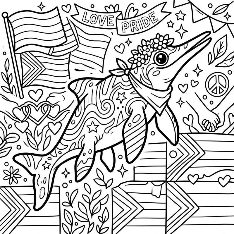 Unleash your creativity with this delightful Nannopterygius coloring page, beautifully designed to celebrate Pride Month. This charming ichthyosaur, adorned with festive elements, invites you to express joy and diversity through color.