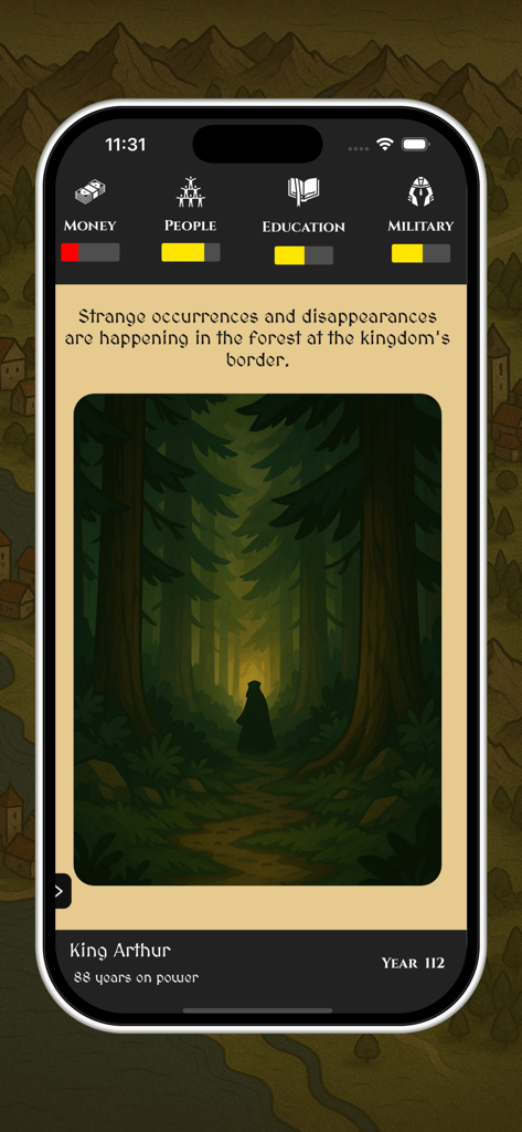 Kingdom Throne Simulator - Gameplay screenshot of Kingdom Throne Simulator showing a narrative event about a mysterious forest and resource management stats