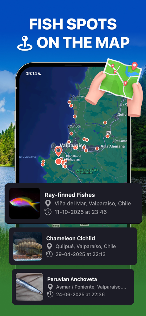 여러 물고기 종에 대한 낚시 위치 및 세부 정보를 보여주는 물고기 식별 앱 인터페이스.