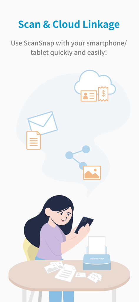 Uma ilustração mostrando uma mulher usando o aplicativo ScanSnap Home em seu smartphone para digitalizar documentos em papel e sincronizá-los com a nuvem.