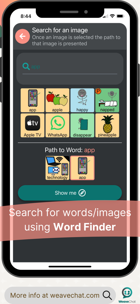 Weave Chat AAC - Weave Chat AAC app showing the Word Finder feature with an image search for the word app and its navigation path.