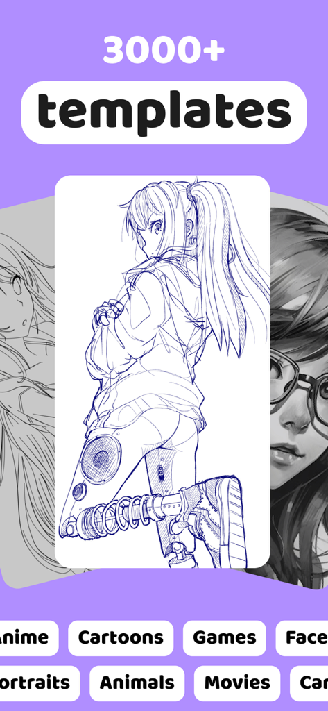 AR Drawing How to Draw Sketch - AR Drawing app screen showing a gallery of over 3000 sketch templates including anime and cartoon styles