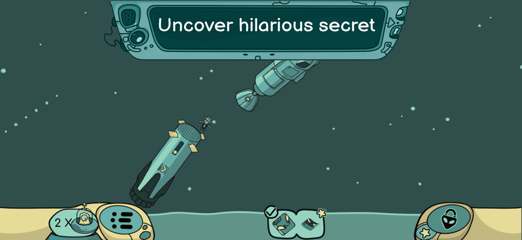 Looking for Aliens - A hand drawn space level from the hidden object game Looking for Aliens featuring a broken rocket ship in orbit.