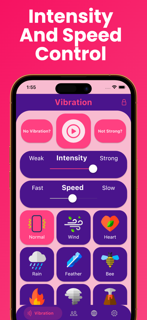 Interface of the Strong Vibration app showing controls for intensity and speed with various vibration modes like wind and heart.