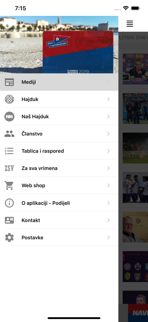 Naš Hajduk - ニュース、会員資格、Webショップのオプションを表示するNas Hajdukモバイルアプリケーションのサイドバーナビゲーションメニュー