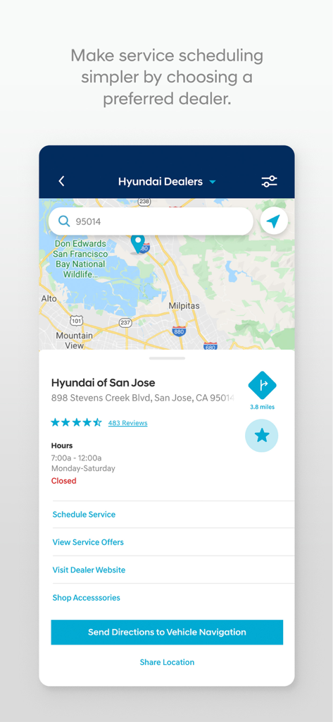 MyHyundai app screen for finding a dealer and scheduling vehicle service