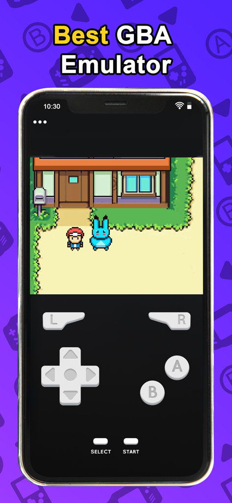 Delplay GBA emulator - Delplay GBA emulator interface on an iPhone showing a retro pixel art game with virtual D-pad and button controls