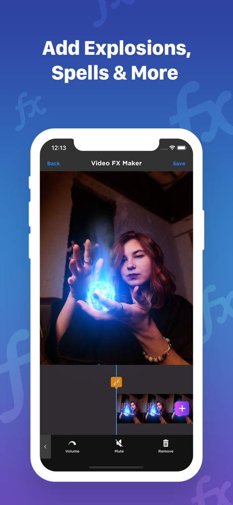 Video FX: Movie Clip Editor - Una interfaz móvil de la app Video FX mostrando a una chica agregando un efecto de hechizo mágico azul brillante a su video