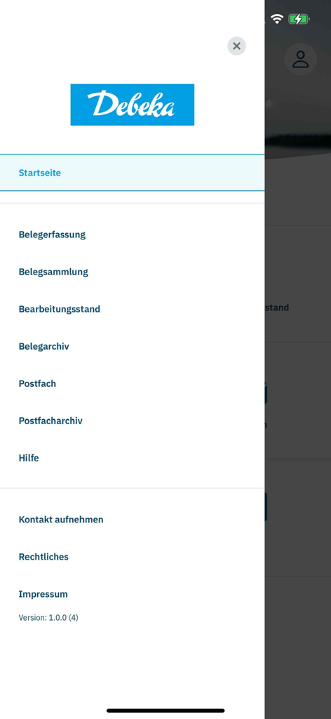 Navigation sidebar of the Debeka Gesundheit health insurance app showing options like receipt capture and mailbox