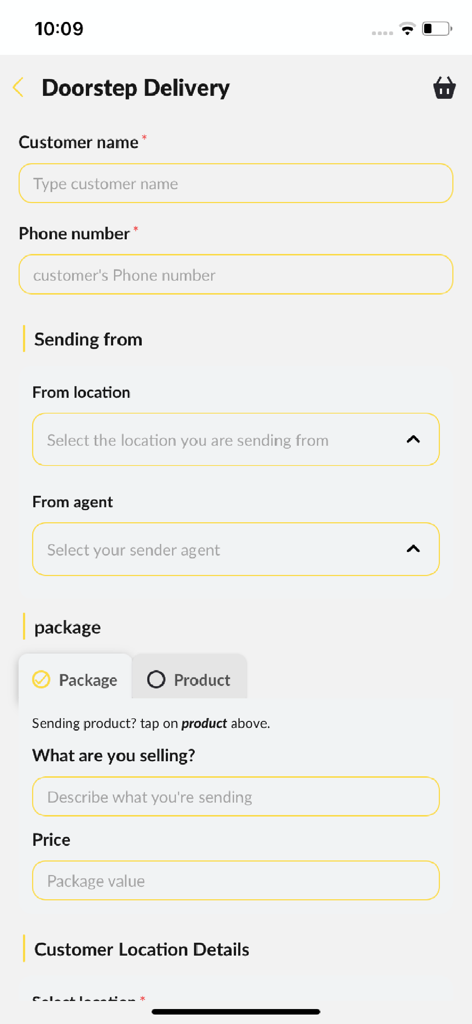 Pickup Mtaani - Formulario de pedido de entrega a domicilio en la interfaz de la aplicación móvil Pickup Mtaani.