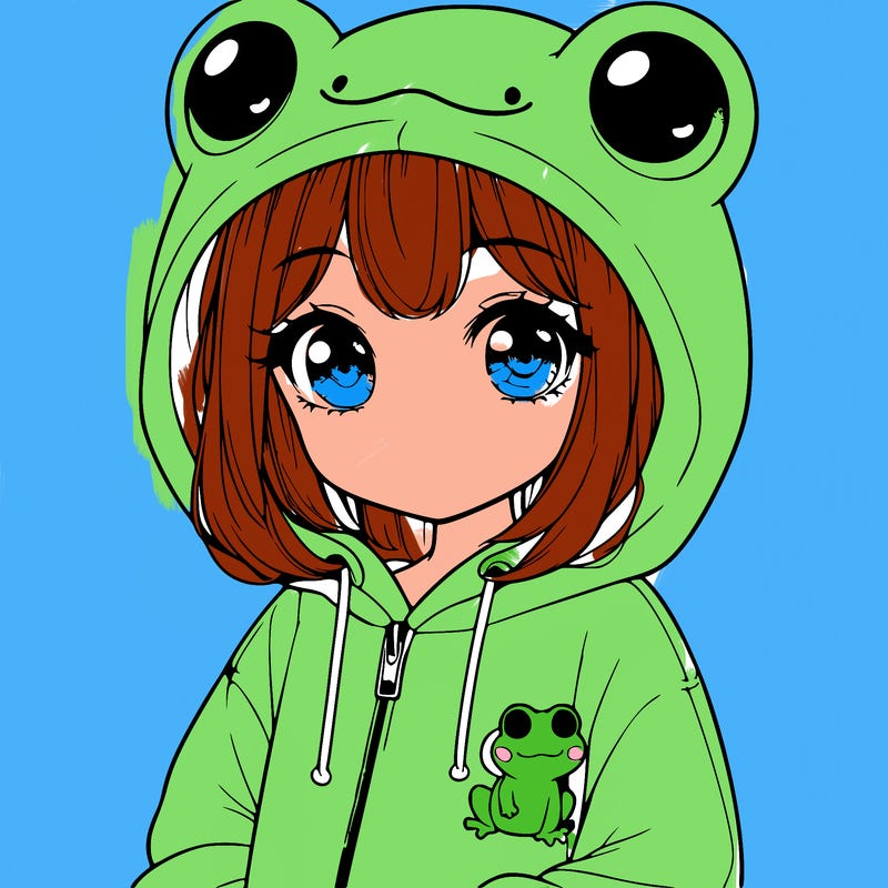 cute realistic girl in a froggy hoodie
