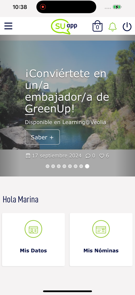 Pantalla de inicio de la aplicación Suapp que muestra el panel del empleado con opciones de mis datos y mis recibos de sueldo