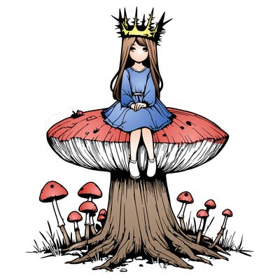 realistic girl sitting on a huge tree stump size toadstool with thorn crown